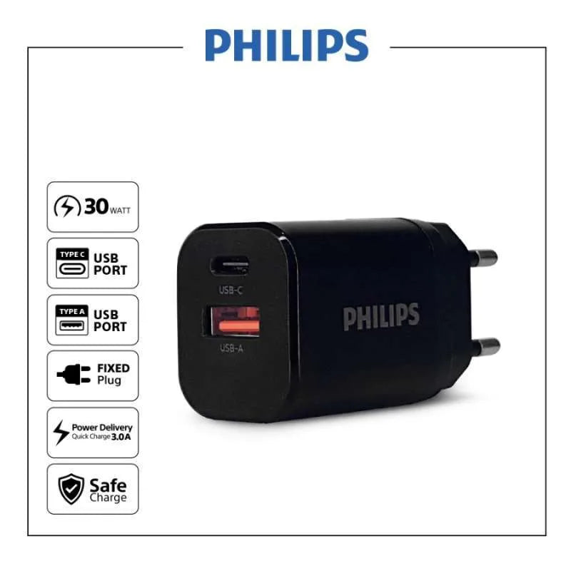 Philips DLP5331CB Wall Charger with USB-A and C Dual Port PD 30W QC 3.0 - Black