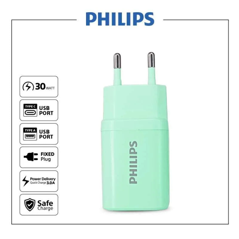 Philips DLP5331CW Wall Charger with USB-A and C Dual Port PD 30W QC 3.0 - Green