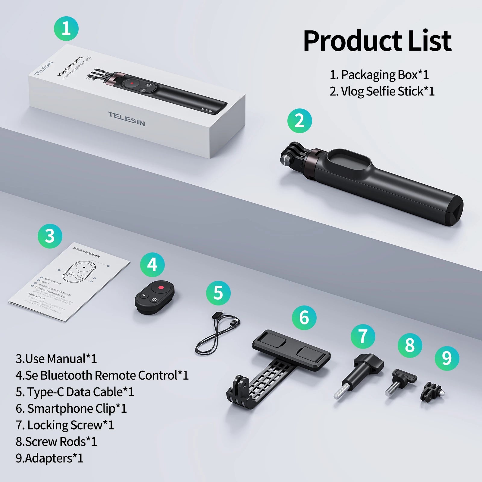 Telesin Vlog Selfie stick with Remote Control for GoPro10/9/8/Max