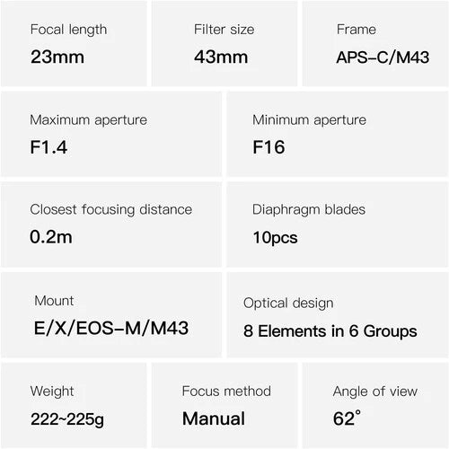 TTartisan 23mm f1.4 Lens For EOS-M BLACK-SILVER (APS-C)