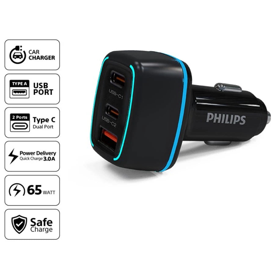 Philips DLP2557 Car Charger 65W PD QC 3 Ports Type C